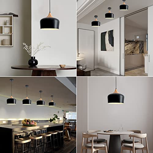 Black Industrial Pendant Light with Adjustable Wood Shade