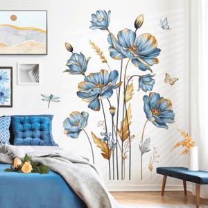 Large Blue Flower and Butterfly Wall Decals