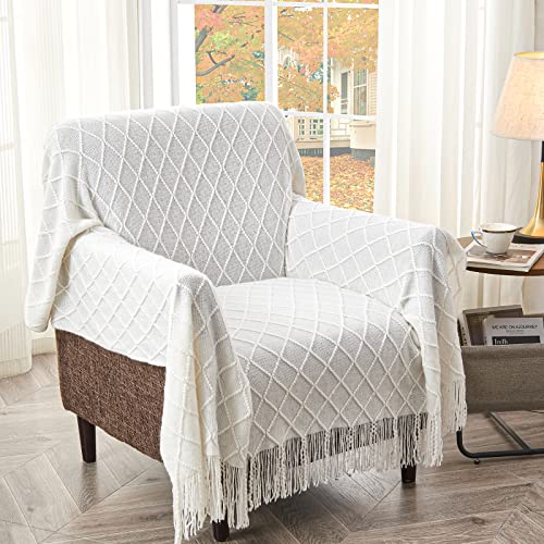 Cozy Off-White Knitted Throw Blanket with Tassels