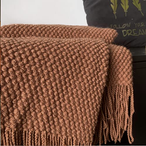 Caramel Knitted Throw Blanket with Tassels 50x60