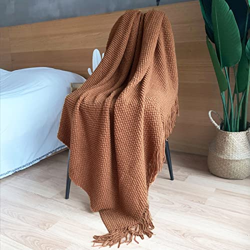 Caramel Knitted Throw Blanket with Tassels 50x60