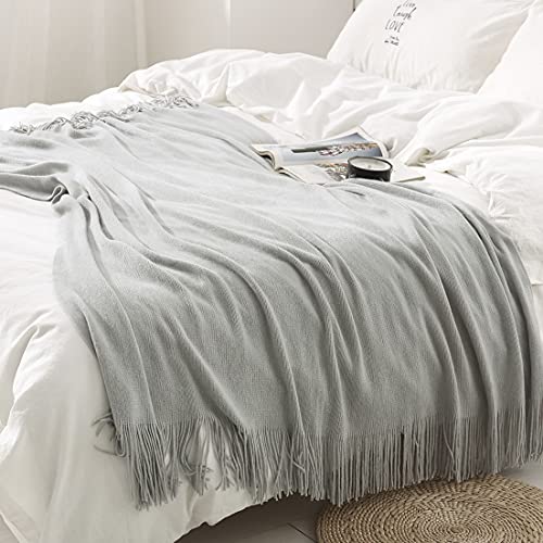 Light Grey Knitted Throw Blanket with Tassels