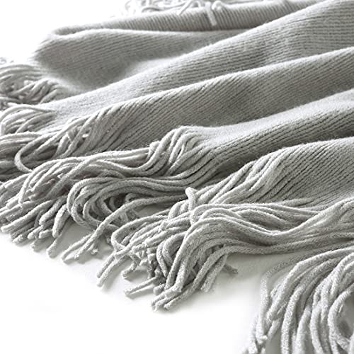 Light Grey Knitted Throw Blanket with Tassels