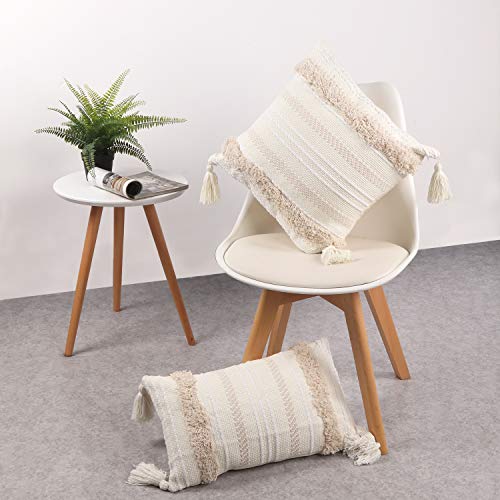 Cream Tufted Pillow Cover with Tassels 12x20 cm