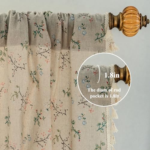 Beige Floral Semi-Blackout Curtain Panel with Tassels