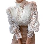 White Long Sleeve Lace Trim Blouse for Women