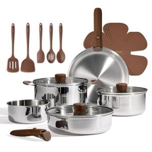 CAROTE 19pcs Stainless Steel Cookware Set with Detachable Handle, Pots and Pans Set, Induction Kitchen Cooking Sets, RV/Camping Cookware, Removable Handle, Oven Safe, Woodgrain