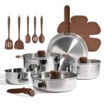 CAROTE 19pcs Stainless Steel Cookware Set with Detachable Handle, Pots and Pans Set, Induction Kitchen Cooking Sets, RV/Camping Cookware, Removable Handle, Oven Safe, Woodgrain