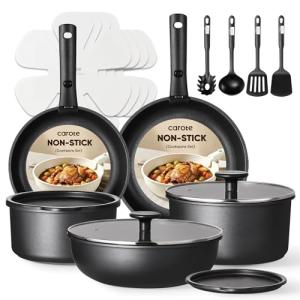 CAROTE 19Pcs Pots and Pans Set Non Stick, Cookware Set Detachable Handle, Nonstick Induction Kitchen Sets Non Stick with Removable Handle, RV Cook Ware, Oven Safe, Black