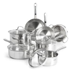 T-fal Stainless Steel Pots and Pans Set 11 Piece, Induction, Oven Broiler Safe 500F, Kitchen Cooking Set w/Fry Pans, Saucepans, Saute Pan, Dutch Oven, Steamer, Cookware, Dishwasher Safe, Silver