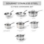 T-fal Stainless Steel Pots and Pans Set 11 Piece, Induction, Oven Broiler Safe 500F, Kitchen Cooking Set w/Fry Pans, Saucepans, Saute Pan, Dutch Oven, Steamer, Cookware, Dishwasher Safe, Silver