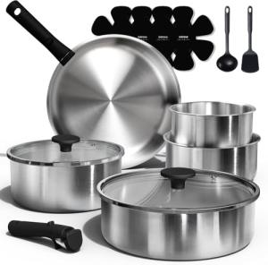 CAROTE Pots and Pans Set, Stainless Steel Cookware Set Detachable Handle, 15pcs Induction Kitchen Cookware Sets with Removable Handle, RV Cookware Set, Oven Safe