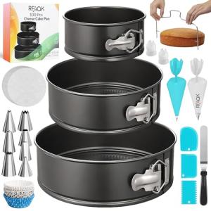 RFAQK 100pcs Cake Pan Sets for Baking + Cake Decorating Supplies: 3 Non-Stick Springform Pans Set (4, 7, 9 inches), Icing Tips, Cake Leveler – Multi-functional Leak-Proof CheeseCake Pan & eBook