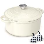 Enameled Cast Iron Dutch Oven - Umite Chef 5QT Pot with Lid & Cotton Potholders - Heavy-Duty Cookware for Bread Baking, Braising, Stews, Roasting(Cream White)