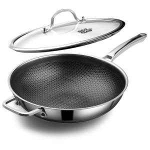 DOTCLAD Wok pan,Hybrid 12 inch Wok with Lid, PFOA Free Cookware,non stick Stainless Steel Woks & Stir-fry pans Nonstick, Dishwasher and Oven Safe, Works on Induction