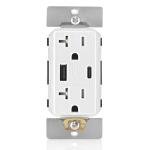 Leviton T5834-W 60W (20V@2.5A+ 5V@2A) USB Dual Type A/Type-C Power Delivery in-Wall Charger with 20A Tamper-Resistant Outlet, USB Charger for Smartphones, Tablets, Laptops, White