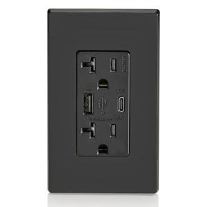 Leviton T5834-E 60W (20V@2.5A+ 5V@2A) USB Dual Type A/Type-C Power Delivery in-Wall Charger with 20A Tamper-Resistant Outlet, USB Charger for Smartphones, Tablets, Laptops, Black