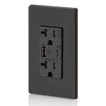 Leviton T5834-E 60W (20V@2.5A+ 5V@2A) USB Dual Type A/Type-C Power Delivery in-Wall Charger with 20A Tamper-Resistant Outlet, USB Charger for Smartphones, Tablets, Laptops, Black