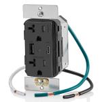 Leviton T5834-E 60W (20V@2.5A+ 5V@2A) USB Dual Type A/Type-C Power Delivery in-Wall Charger with 20A Tamper-Resistant Outlet, USB Charger for Smartphones, Tablets, Laptops, Black