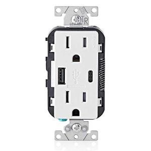 Leviton Type A & Type-C USB In-Wall Charger with 15A Tamper-Resistant Outlet, USB Charger for Smartphones and Tablets, Not for Laptops, T5633-W, White