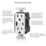 Leviton Type A & Type-C USB In-Wall Charger with 15A Tamper-Resistant Outlet, USB Charger for Smartphones and Tablets, Not for Laptops, T5633-W, White
