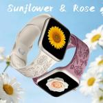 6 Pack Floral Engraved Bands Compatible with Apple Watch Bands 44mm for Women 40mm 41mm 45mm 49mm, Adjustable Comfortable Soft Silicone for iWatch Bands 38mm Womens Series