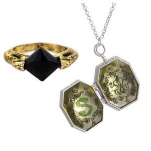 JinYu 2 Set Horcrux Necklace and Magic Ring Stone Retro Bronze Jewelry Cosplay for Fans (Black)