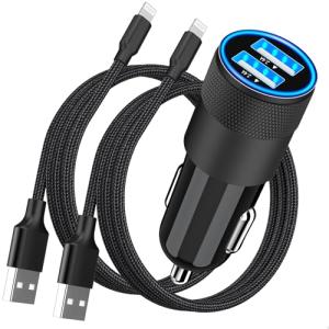 【MFi Certified】iPhone Car Charger Fast Charging, Rombica 4.8A Dual USB Smart Power Cigarette Lighter USB Car Charger with 2Pack Lightning Braided Cable for iPhone 14 13 12 11 Pro XS Mini XR X SE iPad