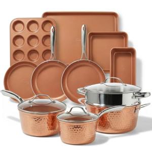 Gotham Steel Hammered 15 Pc Ceramic Cookware Set Nonstick, Induction Pots and Pans Set Non Stick with Bakeware Set & Steamer for Cooking, Non Toxic PFOA PFOS Free, Oven & Dishwasher Safe - Copper