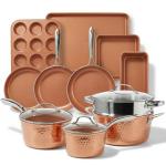 Gotham Steel Hammered 15 Pc Ceramic Cookware Set Nonstick, Induction Pots and Pans Set Non Stick with Bakeware Set & Steamer for Cooking, Non Toxic PFOA PFOS Free, Oven & Dishwasher Safe - Copper