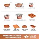Gotham Steel Hammered 15 Pc Ceramic Cookware Set Nonstick, Induction Pots and Pans Set Non Stick with Bakeware Set & Steamer for Cooking, Non Toxic PFOA PFOS Free, Oven & Dishwasher Safe - Copper