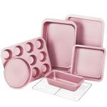 KITESSENSU Baking Pans Sets, Nonstick Bakeware Sets 7-Piece with Round/Square Cake Pan, Loaf Pan, Muffin Pan, Cookie Sheet, Roast Pan, Cooling Rack, Carbon Steel Bake Set Pink