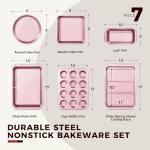 KITESSENSU Baking Pans Sets, Nonstick Bakeware Sets 7-Piece with Round/Square Cake Pan, Loaf Pan, Muffin Pan, Cookie Sheet, Roast Pan, Cooling Rack, Carbon Steel Bake Set Pink