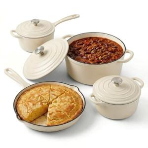 QuliMetal Nonstick Enameled Cast Iron Cookware Set, 7-Pcs Pots and Pans with Lid, Frying Pan Skillet, Sauce Pan, Healthy Round Dutch Oven Pot for Sourdough Bread Baking on All Stovetop, Cream White