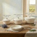 QuliMetal Nonstick Enameled Cast Iron Cookware Set, 7-Pcs Pots and Pans with Lid, Frying Pan Skillet, Sauce Pan, Healthy Round Dutch Oven Pot for Sourdough Bread Baking on All Stovetop, Cream White