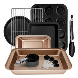 15pcs Nonstick Bakeware Set with Cooling Rack & Accessories, Baking Pan Set Includes Muffin Pan, Cake Pans, Loaf Pan, Baking Sheet, Measuring Cups & Tongs – Oven Safe Metal Bakeware for Home Baking