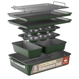 Bakken 8-Piece Ceramic Coated Bakeware Sets, Nonstick Aluminized Steel Pans with Muffin, Loaf, Cake, Roasting Pan, & Cooling Rack, Oven Safe Up To 500°F, Dishwasher Safe, BPA, PTFE & PFAS Free, Green