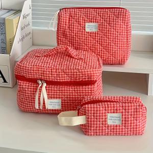 Plaid Makeup Bag Large Capacity Portable Cosmetic Bag For Women Girls Skincare Toiletry Bag Multifunctional Cute Wallet Pouch