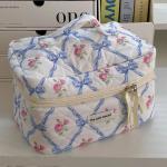 Cute Bow Flower Quilting Cotton Makeup Bag Women Zipper Cosmetic Organizer Female Cloth Handbag Portable Toiletry Case for Girls