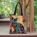 Floral Cat Pattern Tote Bag, Aesthetic Canvas School Shoulder Bag, Lightweight Grocery Shopping Bag