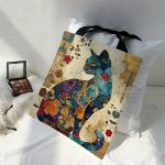 Floral Cat Pattern Tote Bag, Aesthetic Canvas School Shoulder Bag, Lightweight Grocery Shopping Bag