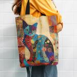 Floral Cat Pattern Tote Bag, Aesthetic Canvas School Shoulder Bag, Lightweight Grocery Shopping Bag