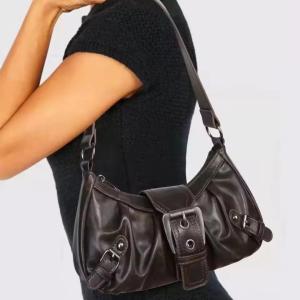 Shoulder Bags Y2K Retro Style Shoulder Bag, Maillard Pleated Rivet Armpit Bag, Fashionable Ladies Cool Leather Shoulder Bag