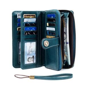 Wallet for Men Women Anti Theft European American Retro Leather Long Clutch Oil Wax Leather Cut Out Multi Card Slots Large