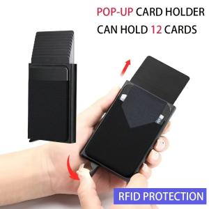 Men's Slim Mini RFID Wallet Aluminum Automatic Pop Up Card Case with Elastic Back Pouch, ID Credit Bank Card Holder Purse