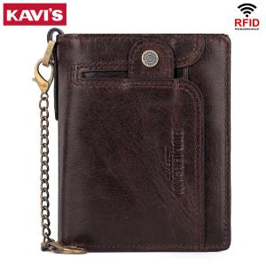 Real Leather Wallet for Men RFID Blocking Credit Card Holder Purse Male Short Bifold Zipper Coin Pocket with Anti-Theft Chain