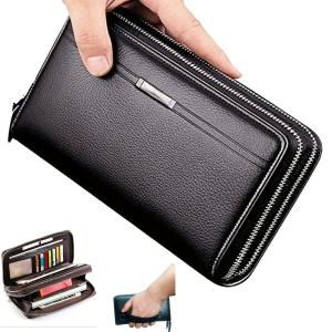 Men's Large Capacity Long Zipper Wallet Synthetic Leather Clutch Business Handbag with Phone Card Holder Case Gift for Him