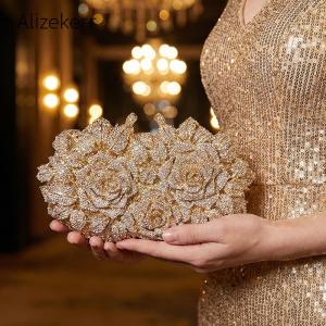 Alizekerr Rose Crystal Evening Clutch Bags Women New Luxury Boutique Sparkling Diamond Flower Purses And Handbags Wedding Party