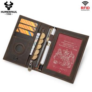 HUMERPAUL Passport Wallt with AirTag for Travel Essentials Crazy Horse Leather  RFID Credit Card Holder Pen Cover Money Bag