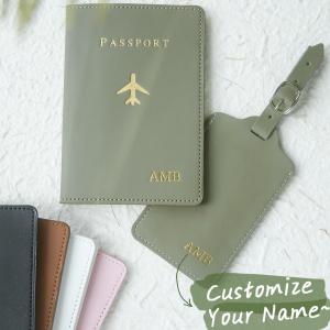Custom Hot Stamping Name Passport Holder & Luggage Tag Customized Gold Monogram Name Leather Passport Cover Luggage Tags